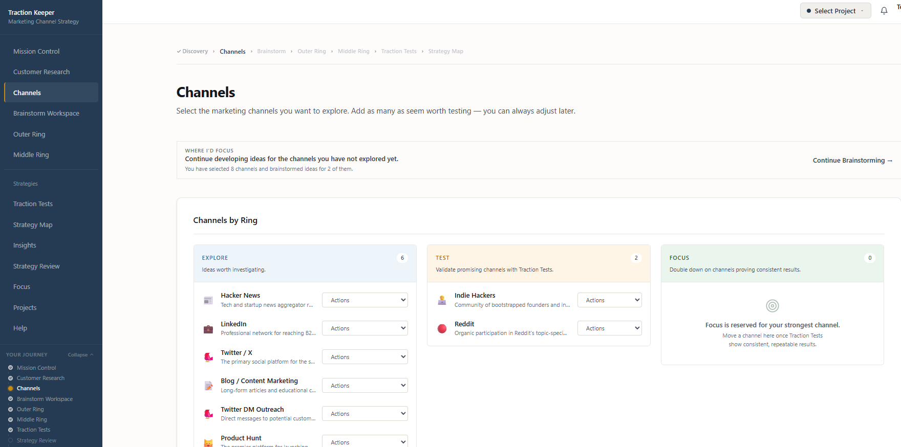 Traction Keeper Channels workspace showing channels organised by ring: Explore (6), Test (2 including Indie Hackers and Reddit), and Focus columns