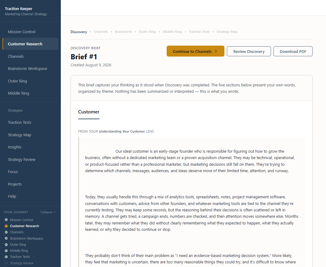 Traction Keeper Discovery Brief showing Brief #1 with creation date, Continue to Channels, Review Discovery, and Download PDF actions, and the Customer section drawn from the Understanding Your Customer lens