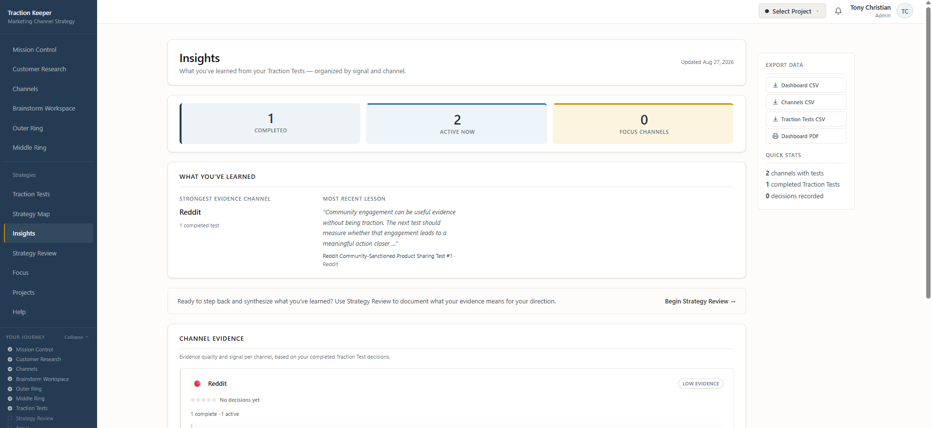 Traction Keeper Insights showing channel evidence summary with active test counts and accumulated learning per channel