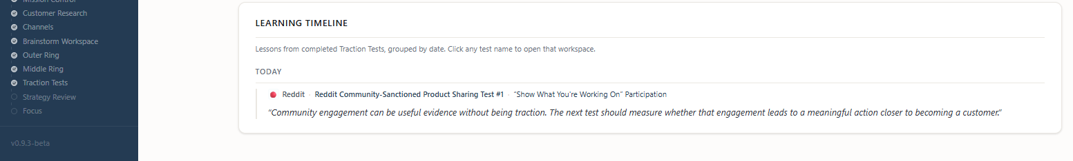 Traction Keeper Insights showing the Learning Timeline section with lessons from completed Traction Tests grouped by date, including a Reddit channel entry with the founder-written lesson preserved alongside the test name and strategy