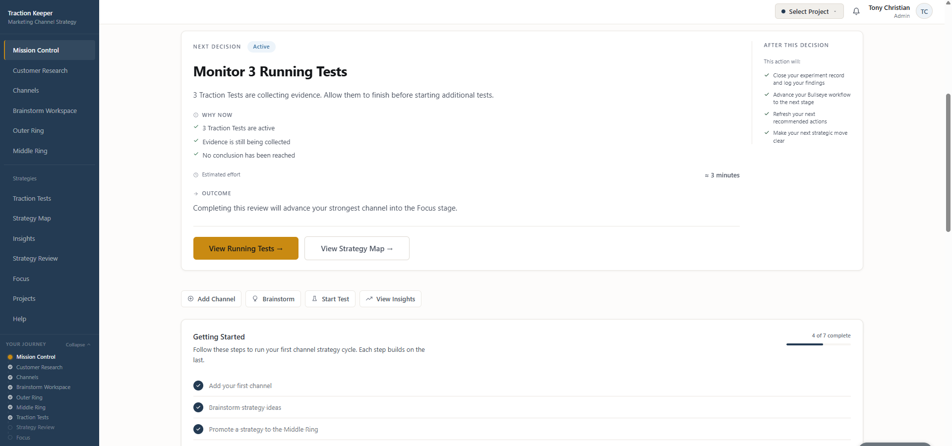 Traction Keeper Mission Control showing three active Traction Tests and the recommended next decision