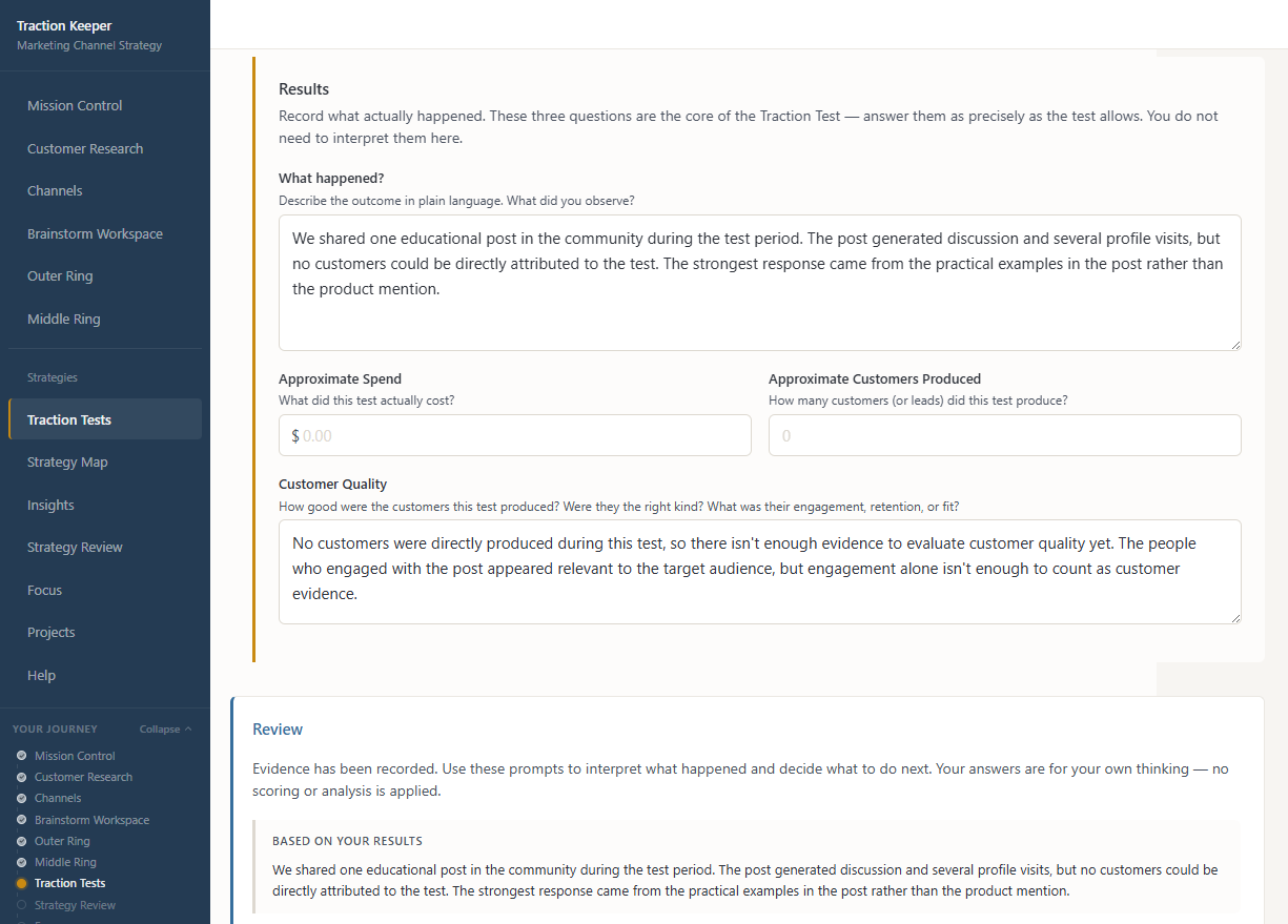Traction Keeper Traction Test showing the Results section with What happened, Approximate Spend, Approximate Customers Produced, and Customer Quality fields populated, followed by the beginning of the Review section with its interpretation prompt